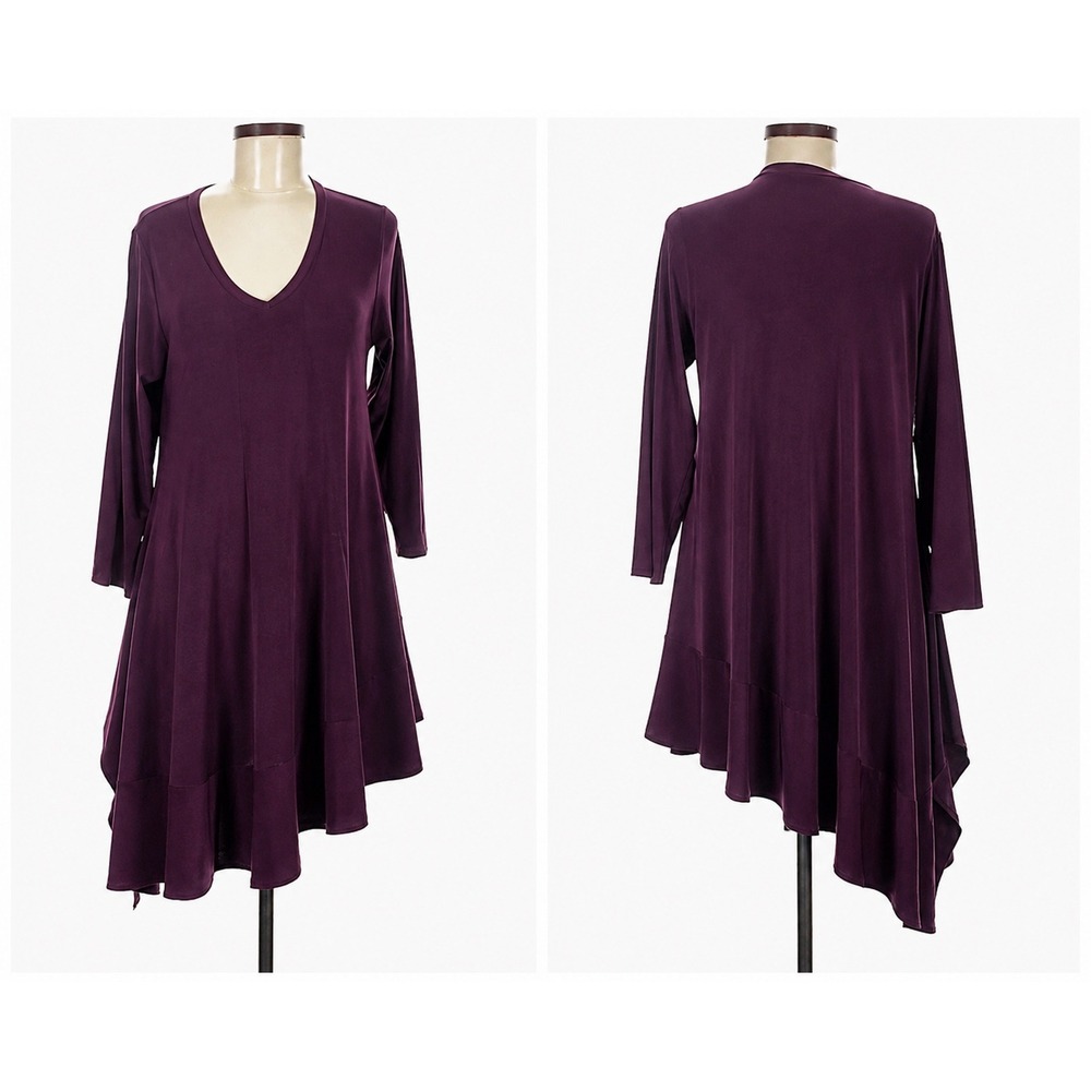Sun Kim Purple Hi Low Tunic Dress Sz S V Neck Jersey Stretch Lagenlook Made USA